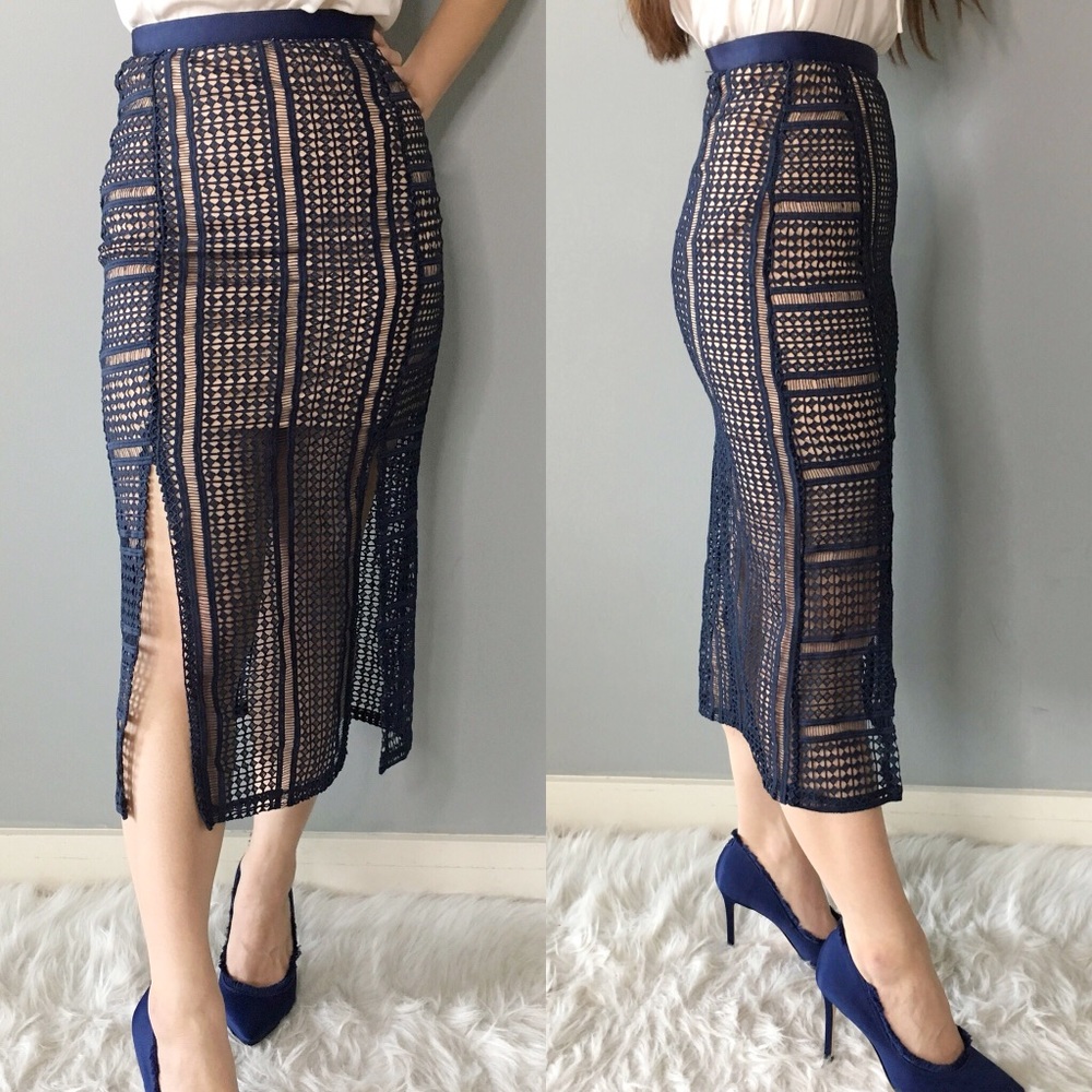 Topshop Navy Lace Midi Skirt with Nude Underlay